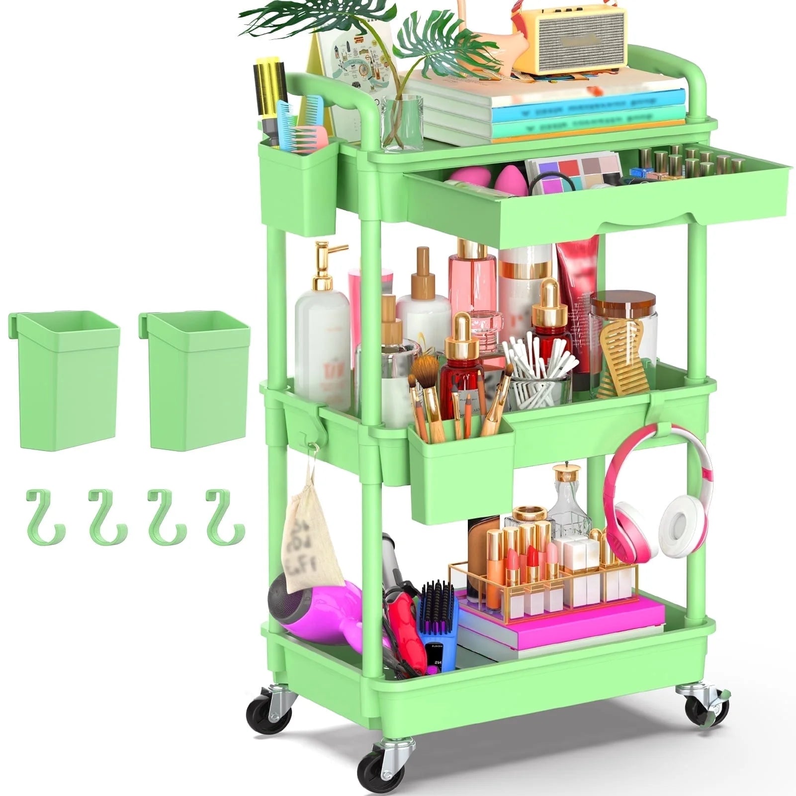 Yeabett 4 Tier Rolling Utility Cart Organizer with Removable Drawer, Mobile Storage Carts with 2 Lockable Wheels for Bathroom, Kitchen, Snack, Craft, Makeup, Baby Essentials, White