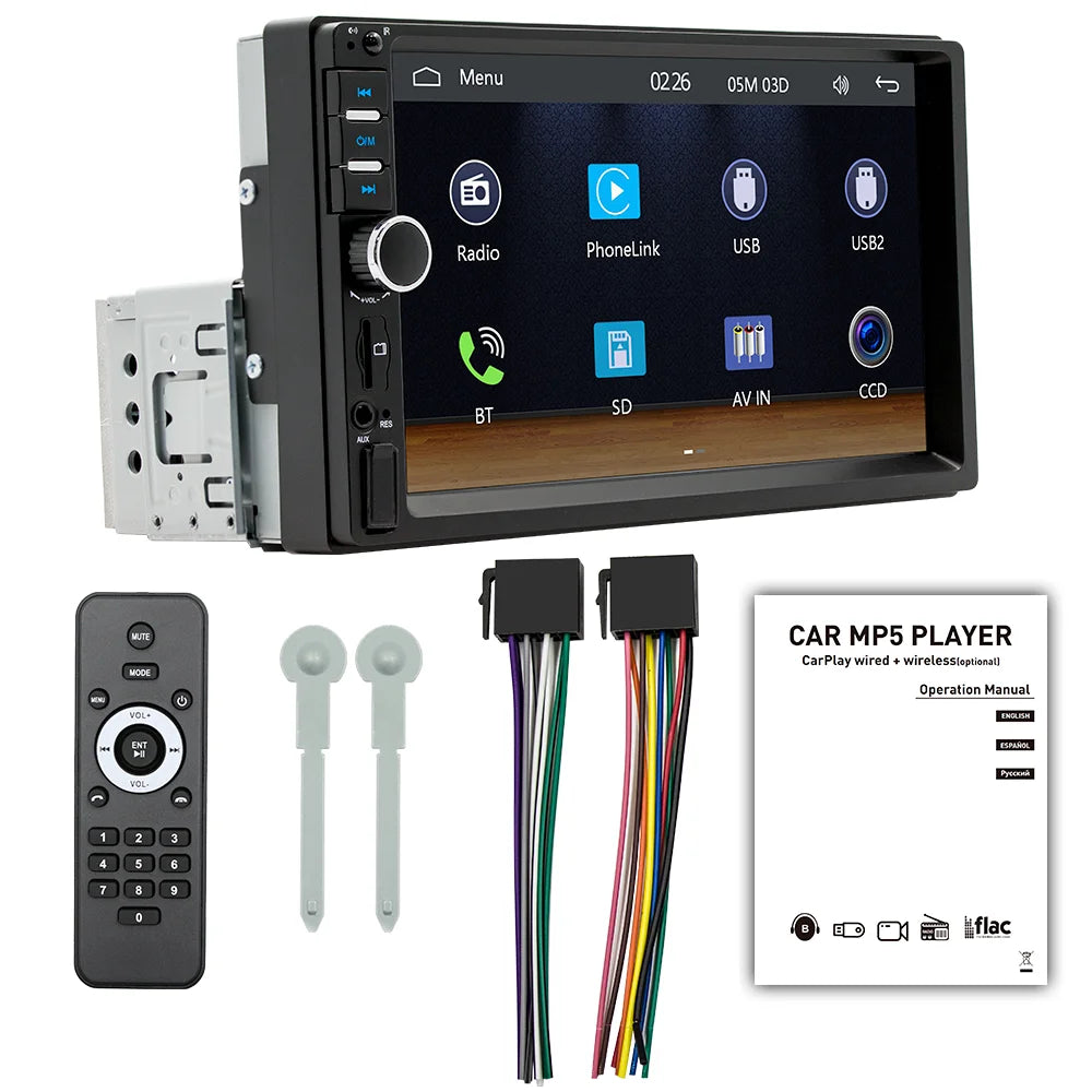 BQCC 7" 2Din/1 Din MP5 Car Player Mirrorlink Wired Android Auto/Carplay BT AUX Colorful Lights FM Car Radio F7018C