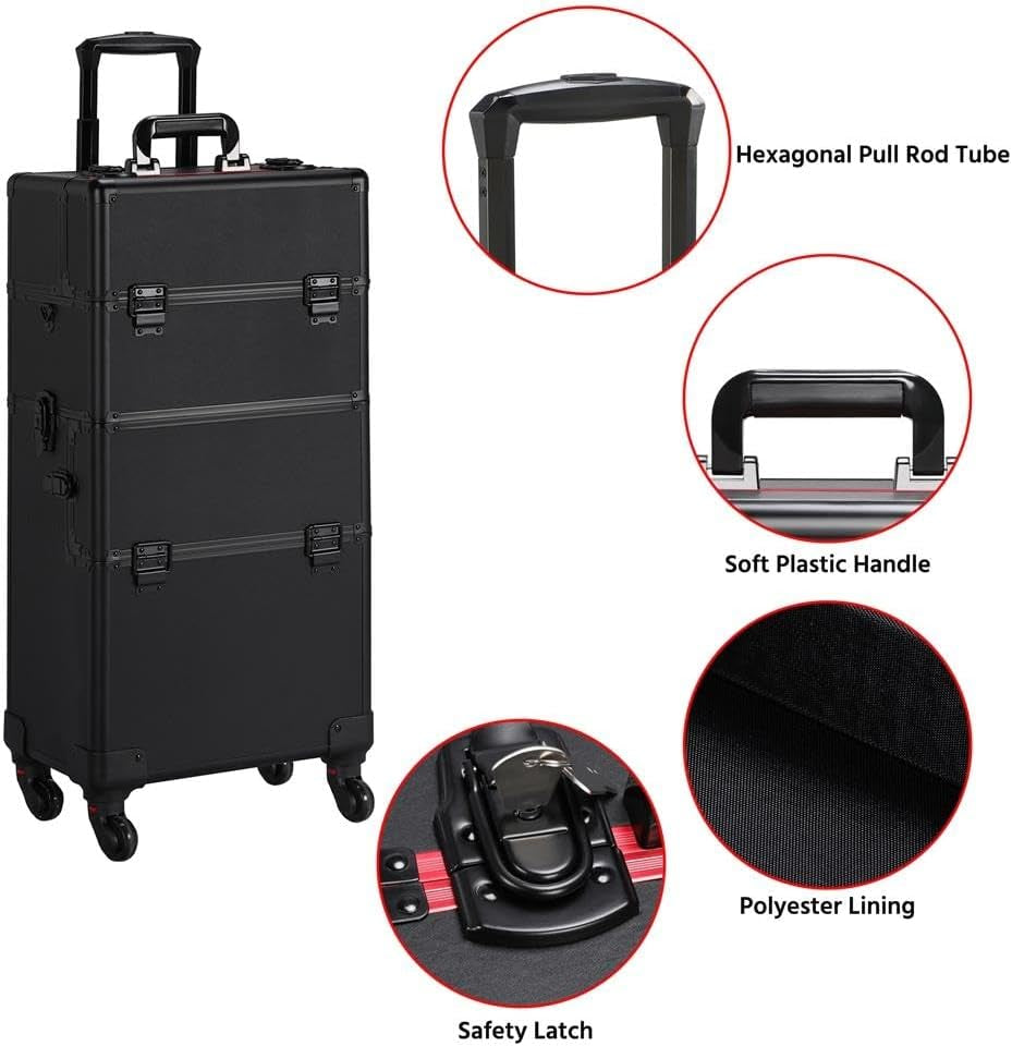 Yaheetech Makeup Train Case 3 in 1 Professional Cosmetic Trolley Multi-Functional Organizers Large Storage Traveling Cart Trunk for Nail Tech - Black