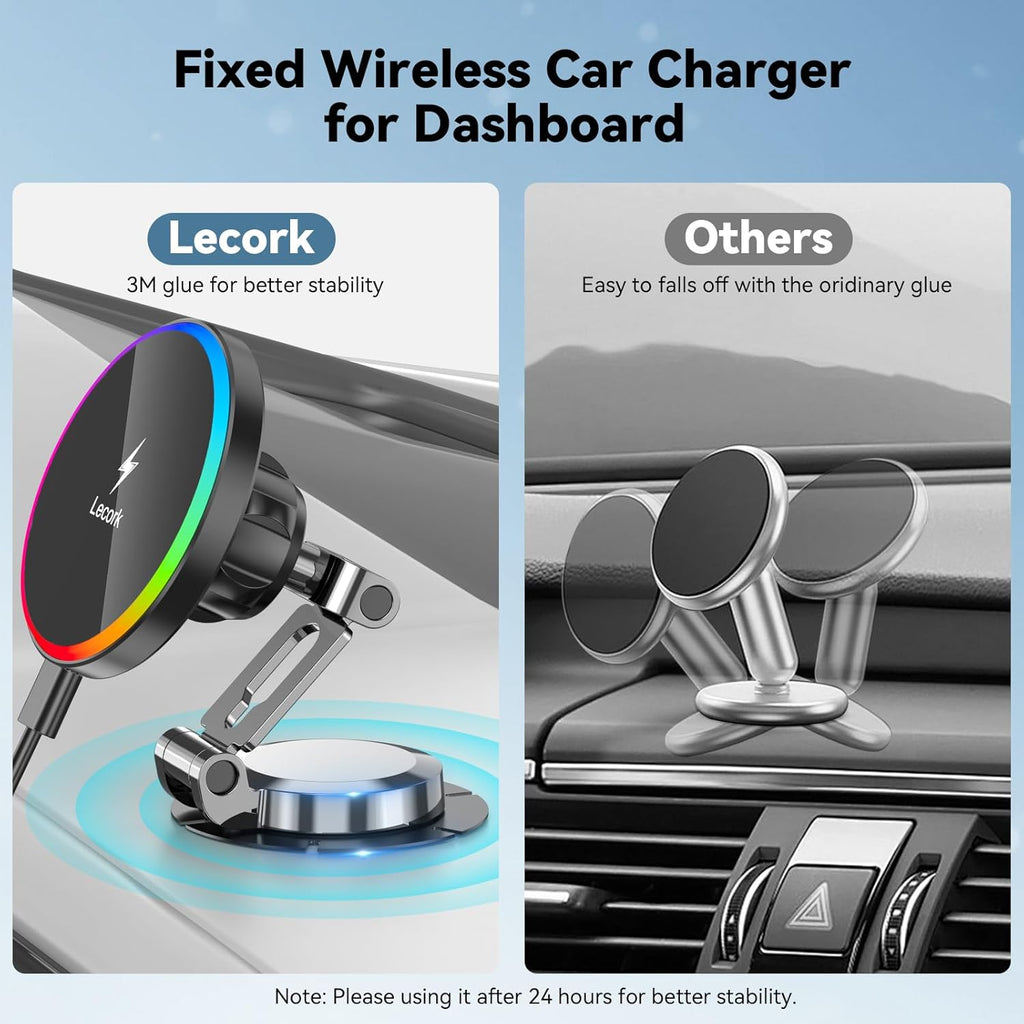 Lecork for Magsafe Car Mount Charger, 15W Magnetic Wireles Car Charger for Iphone 17 Pro Max 14 15 16 Series, Stick on Dashboard Phone Holder for Samsung S26 Ultra, Zinc Alloy Shell, Black