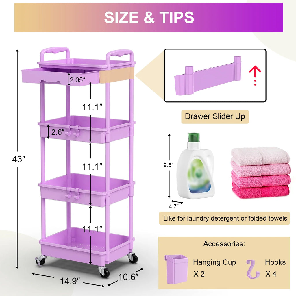 Yeabett 4 Tier Rolling Utility Cart Organizer with Removable Drawer, Mobile Storage Carts with 2 Lockable Wheels for Bathroom, Kitchen, Snack, Craft, Makeup, Baby Essentials，Purple