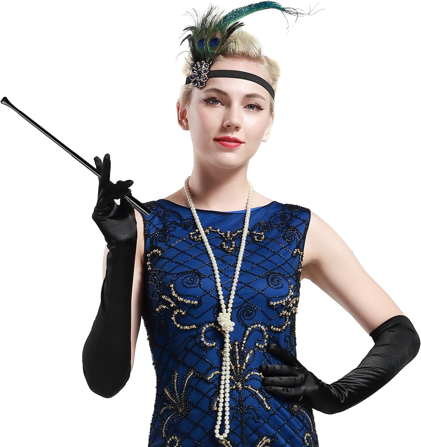BABEYOND 1920S Flapper Accessories Gatsby Costume Accessories Set 20S Flapper Headband Pearl Necklace Gloves Plastic Holder