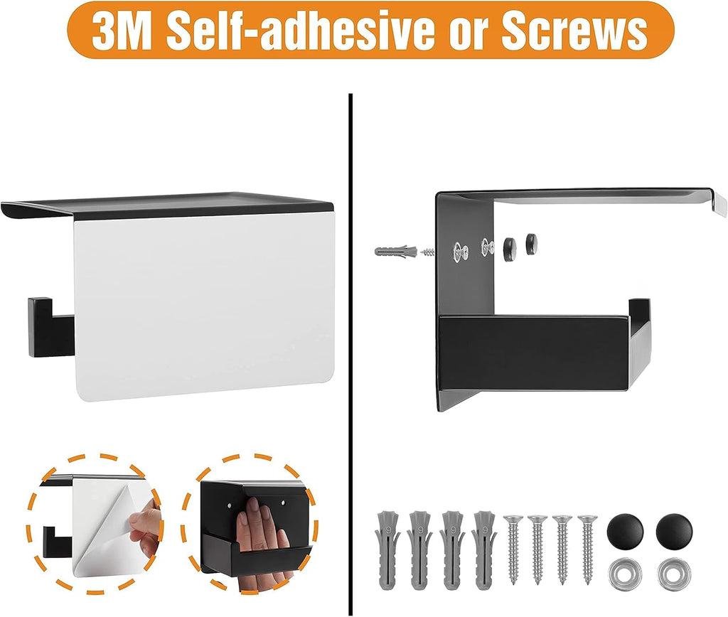 Sleek Matte Black Toilet Paper Holder with Shelf - Self-Adhesive or Wall-Mount for Stylish Bathrooms