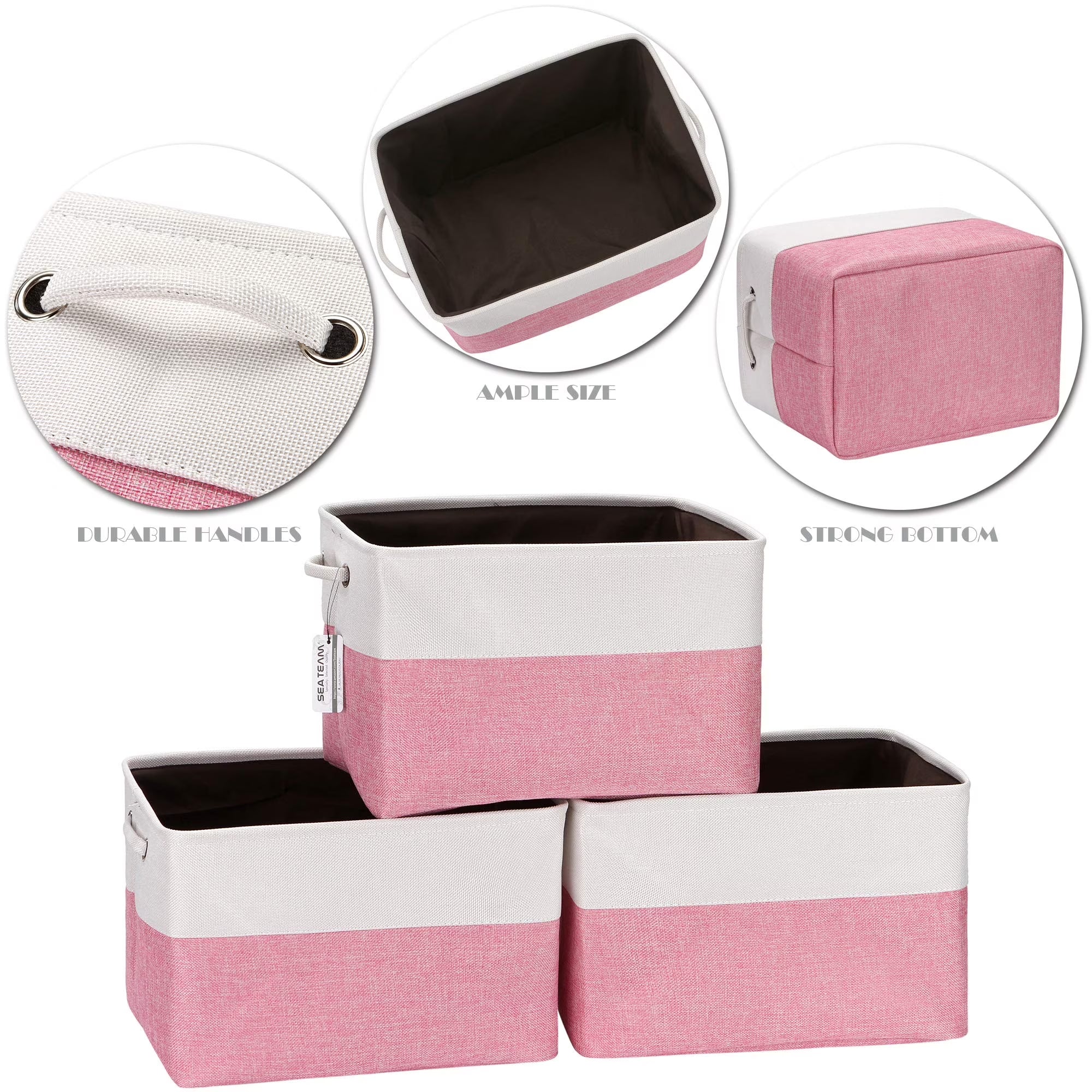 3-Pack Large Storage Basket Set, Trunk Organizer, Clothes Toys Bin, 15 X 10 X 10 Inches, Big Rectangular Canvas Fabric Collapsible Shelf Box with Handles, Pink & White