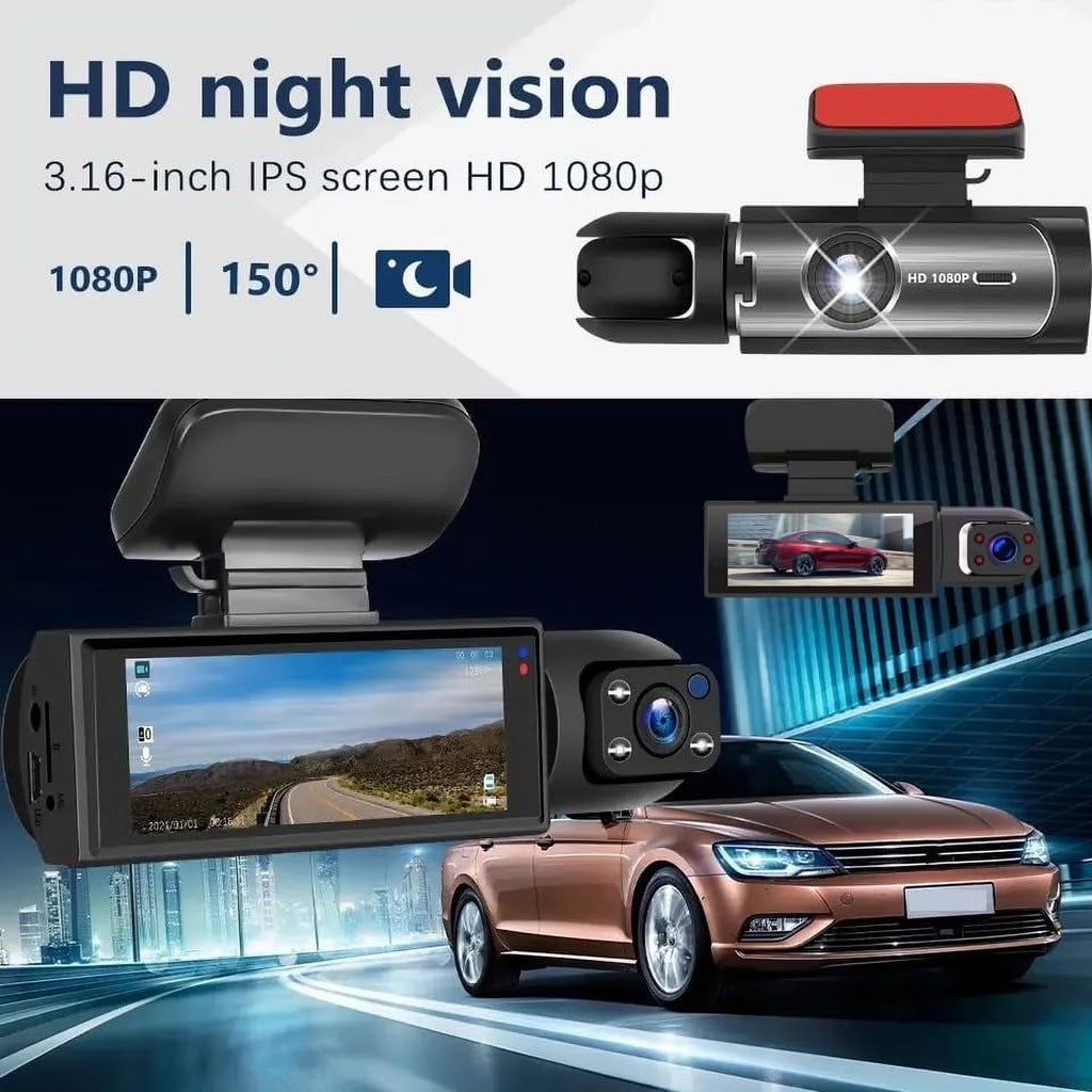 Car Dash Cam, Front & Rear Dash Cam, Dashcam Front and Rear Camera, 24 Hour Night Vision & HDR, Loop Recording & Motion Detection Suitable for All Car (Front+Inside+32G)