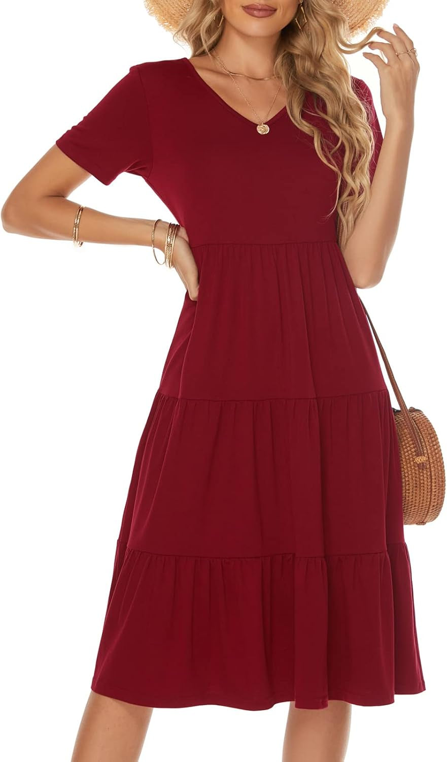 Berydress Women'S Casual Summer Tiered Midi Dress 2025 Short Sleeve V-Neck Loose Cotton Ruffle Babydoll Dress Boho Sundress