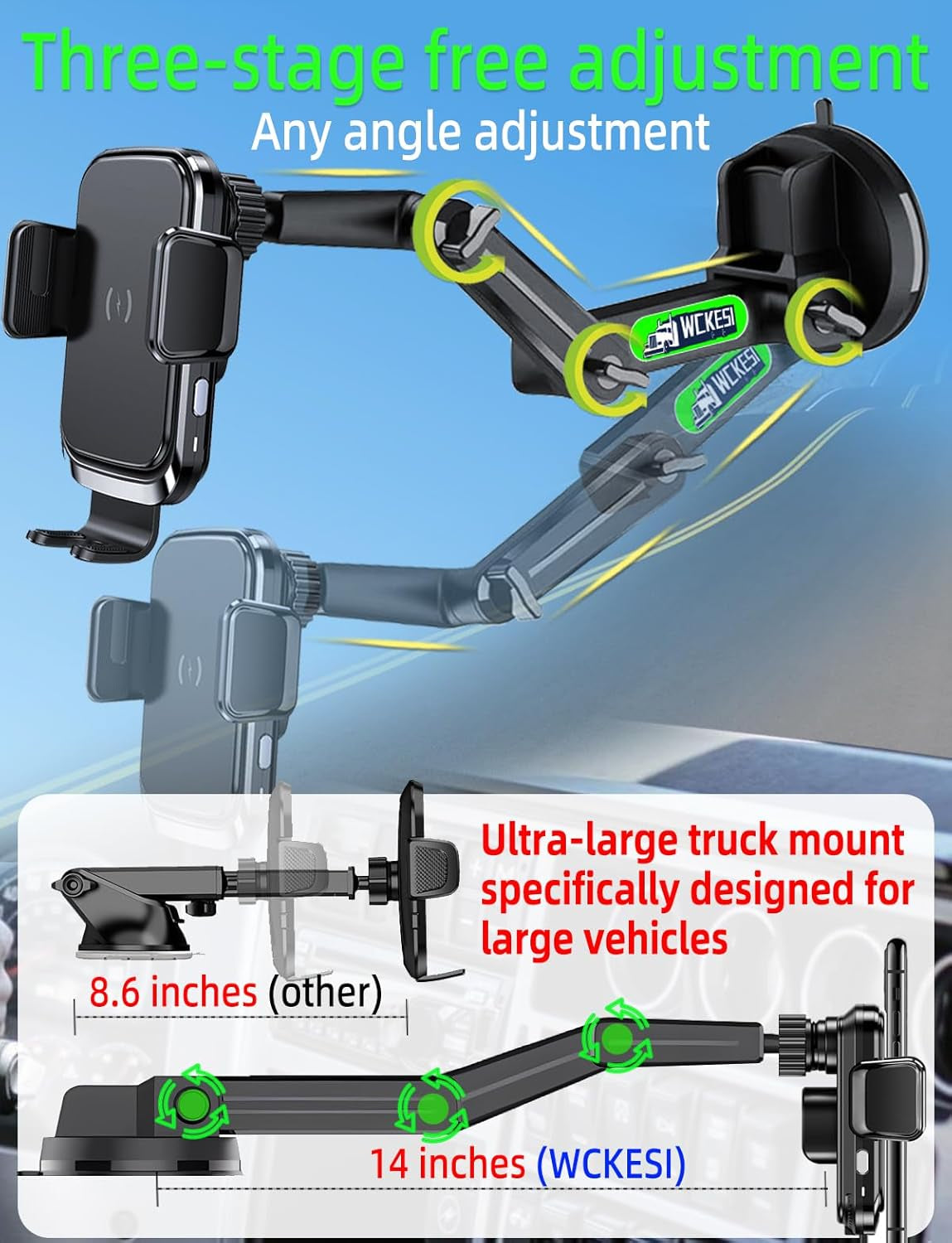 Truck Phone Holder Wireless Car Charger Mount, 15W Fast Charging Vacuum Phone Holder 14 Inch Long Arm Heavy Duty Pickup Windshield and Dashboard, Trucks Accessories for Iphone Samsung LG