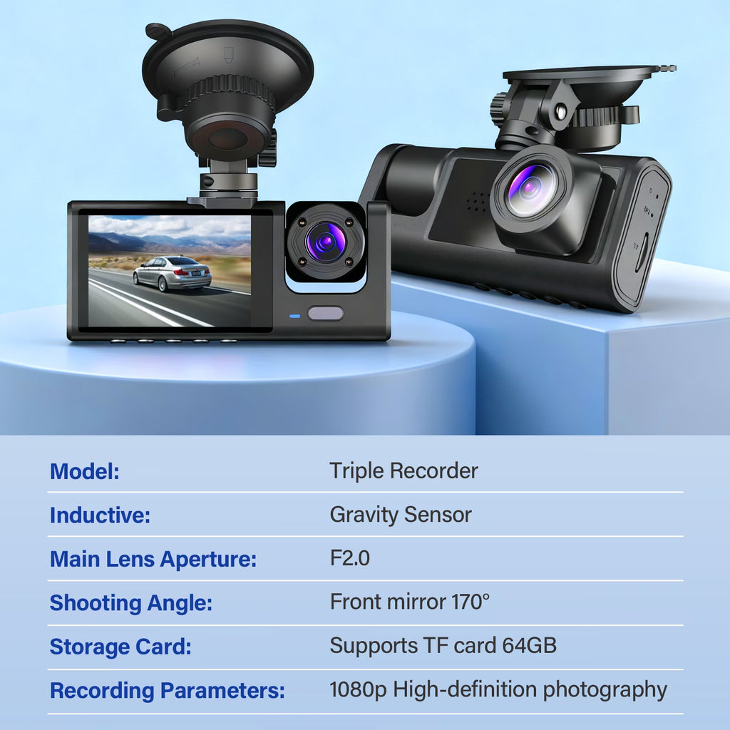 Dash Cam Front and Rear, 3 Channel Dash Cam, 1080P Dash Camera for Cars, Built-In Wi-Fi, Night Vision, Loop Recording