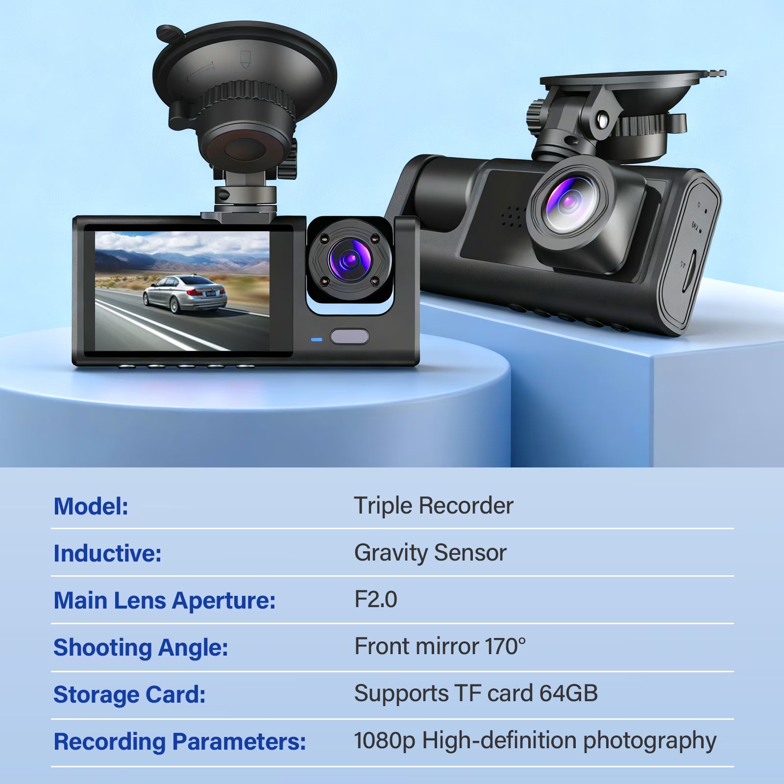 Dash Cam Front and Rear, 3 Channel Dash Cam, 1080P Dash Camera for Cars, Built-In Wi-Fi, Night Vision, Loop Recording