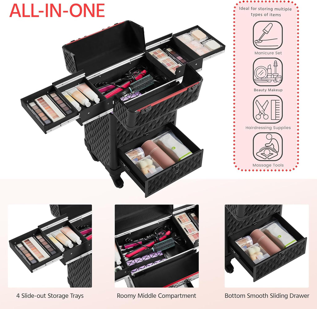 Yaheetech Rolling Makeup Train Case Aluminum Cosmetic Case with Wheels Barber Case Salon Lockable Travel Trolley with Sliding Drawers Removable Divider, Black/Red