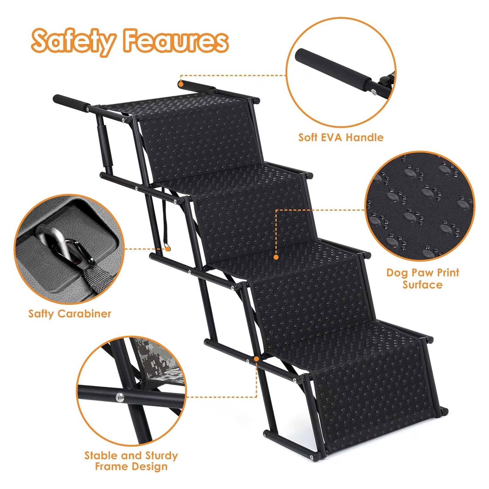Dog Stairs for Car, Foldable Dog Ramps for Large Dogs with Non Slip Surface, Portable Dog Steps for Cars and SUV, Truck, Support up to 150 Lbs (4 Steps)