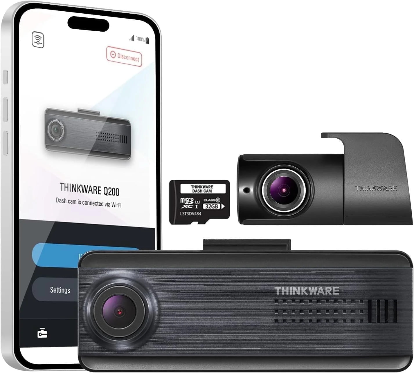 THINKWARE Q200 2CH Front & Rear Dash Cam Car Dashboard Camera, Wifi, WDR, Speed Red Light Alerts, ADAS, 256GB Max, Parking Monitor, Night Vision (32GB Microsd, 12V Cigar, Hardwiring Cable)