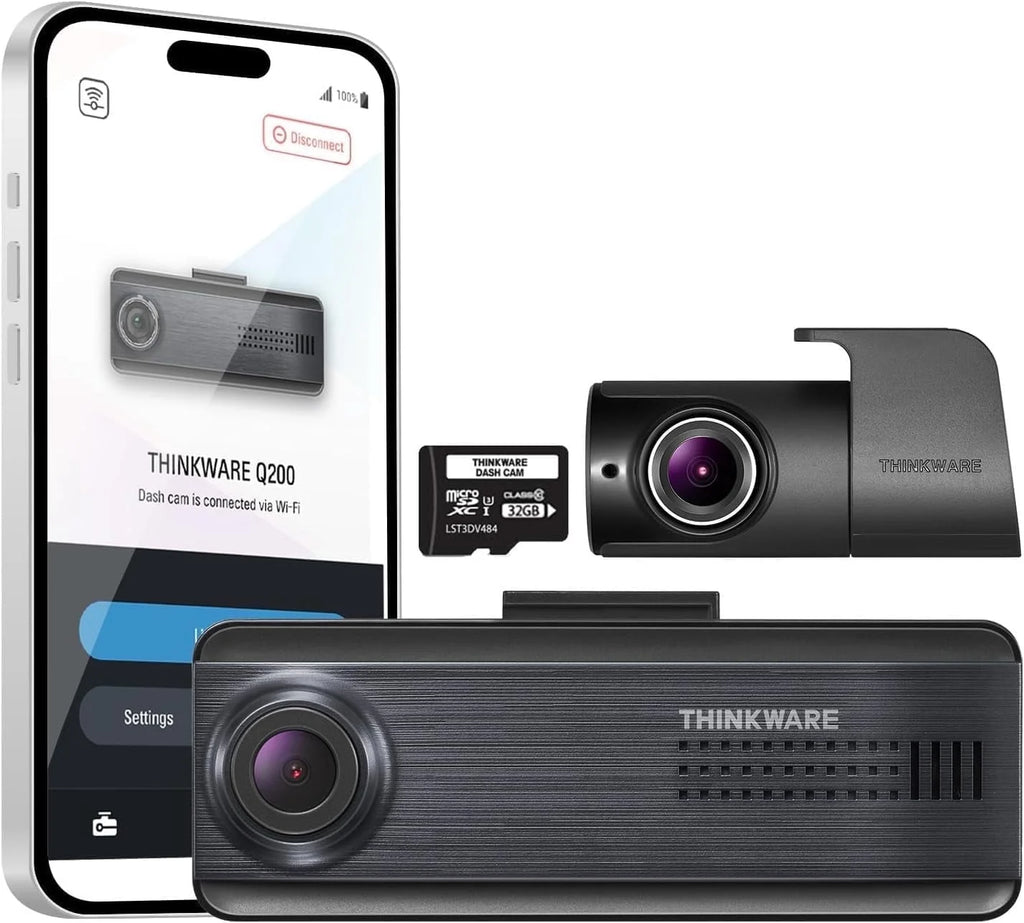 THINKWARE Q200 2CH Front & Rear Dash Cam Car Dashboard Camera, Wifi, WDR, Speed Red Light Alerts, ADAS, 256GB Max, Parking Monitor, Night Vision (32GB Microsd, 12V Cigar, Hardwiring Cable)