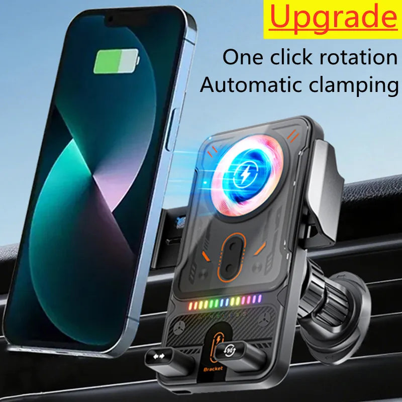 Auto-Sensing Electric Telescopic 360° Rotating 15W Universal Car Wireless Charger Mount Ambient Light for Iphone/Samsung/Xiaomi