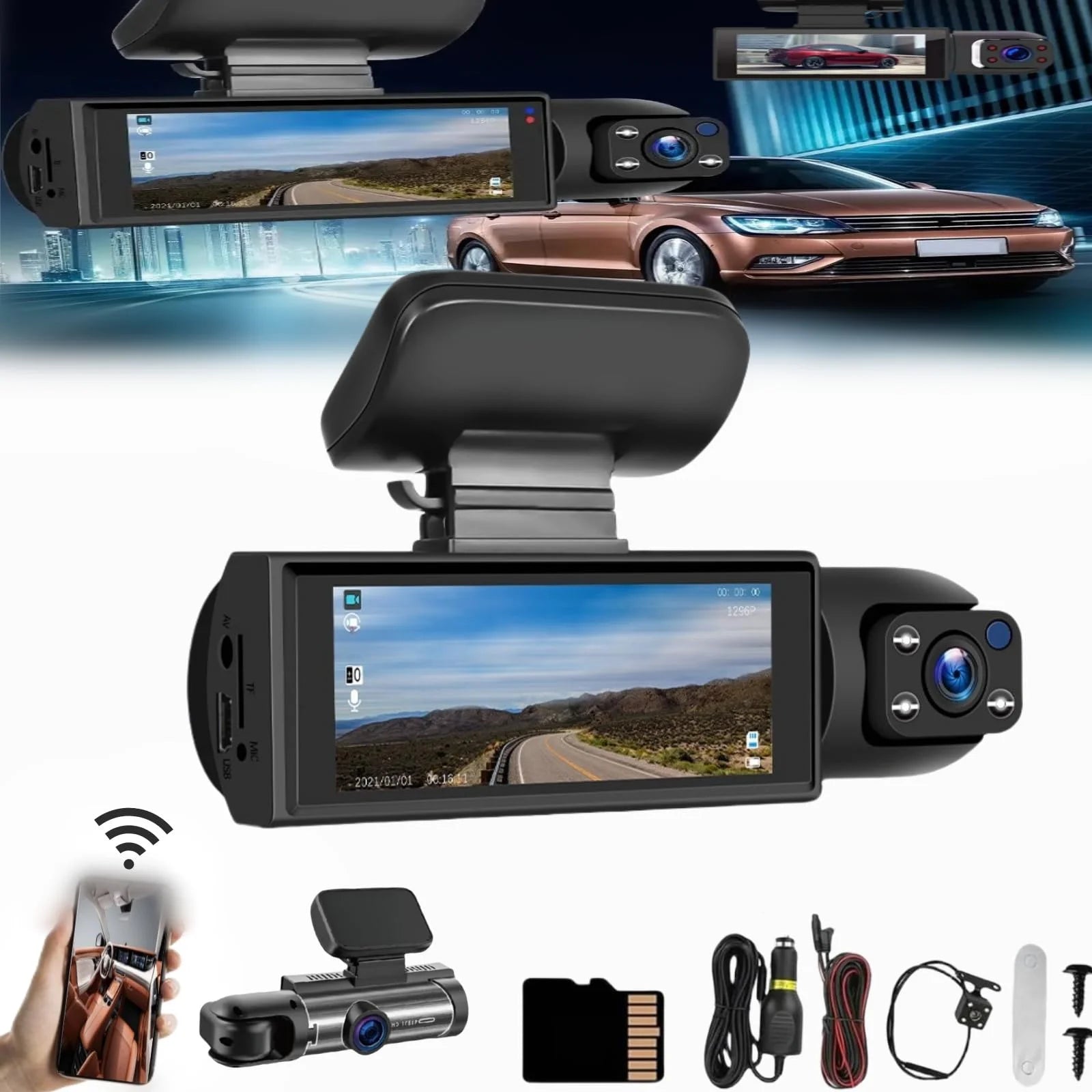 Car Dash Cam, Front & Rear Dash Cam, Dashcam Front and Rear Camera, 24 Hour Night Vision & HDR, Loop Recording & Motion Detection Suitable for All Car (Front+Inside+32G)