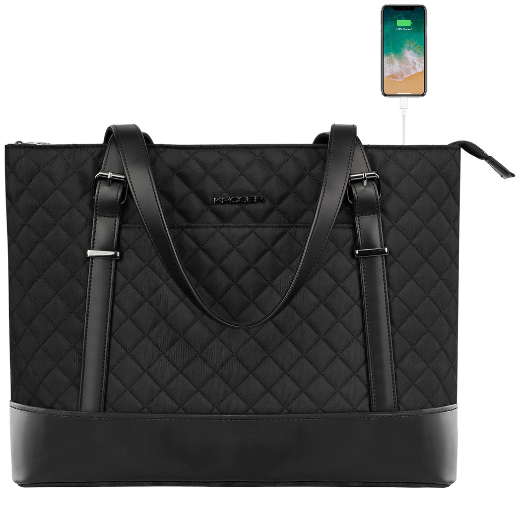 KROSER 15.6" Quilt Laptop Tote Bag, Computer Shoulder Bag, Black