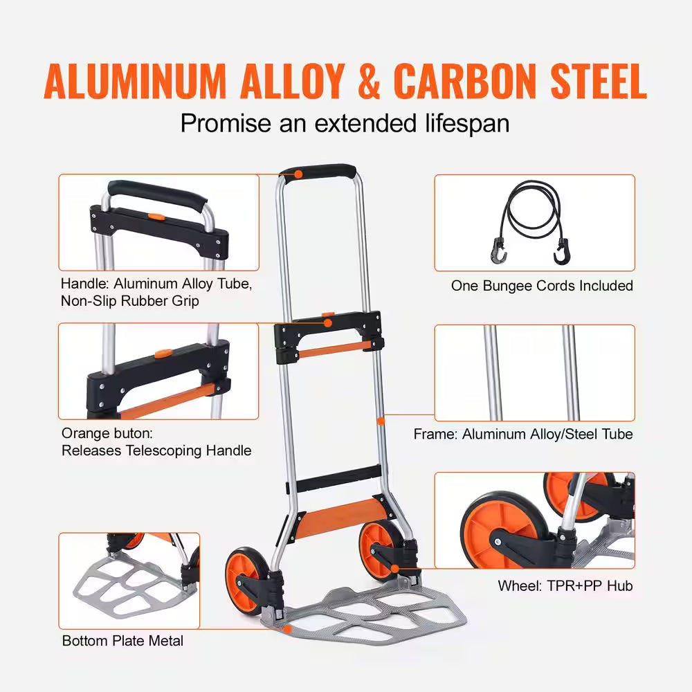 Folding Hand Truck, 275 Lbs. Capacity, Aluminum Portable Cart, Convertible with Telescoping Handle and PP+TPR Wheels