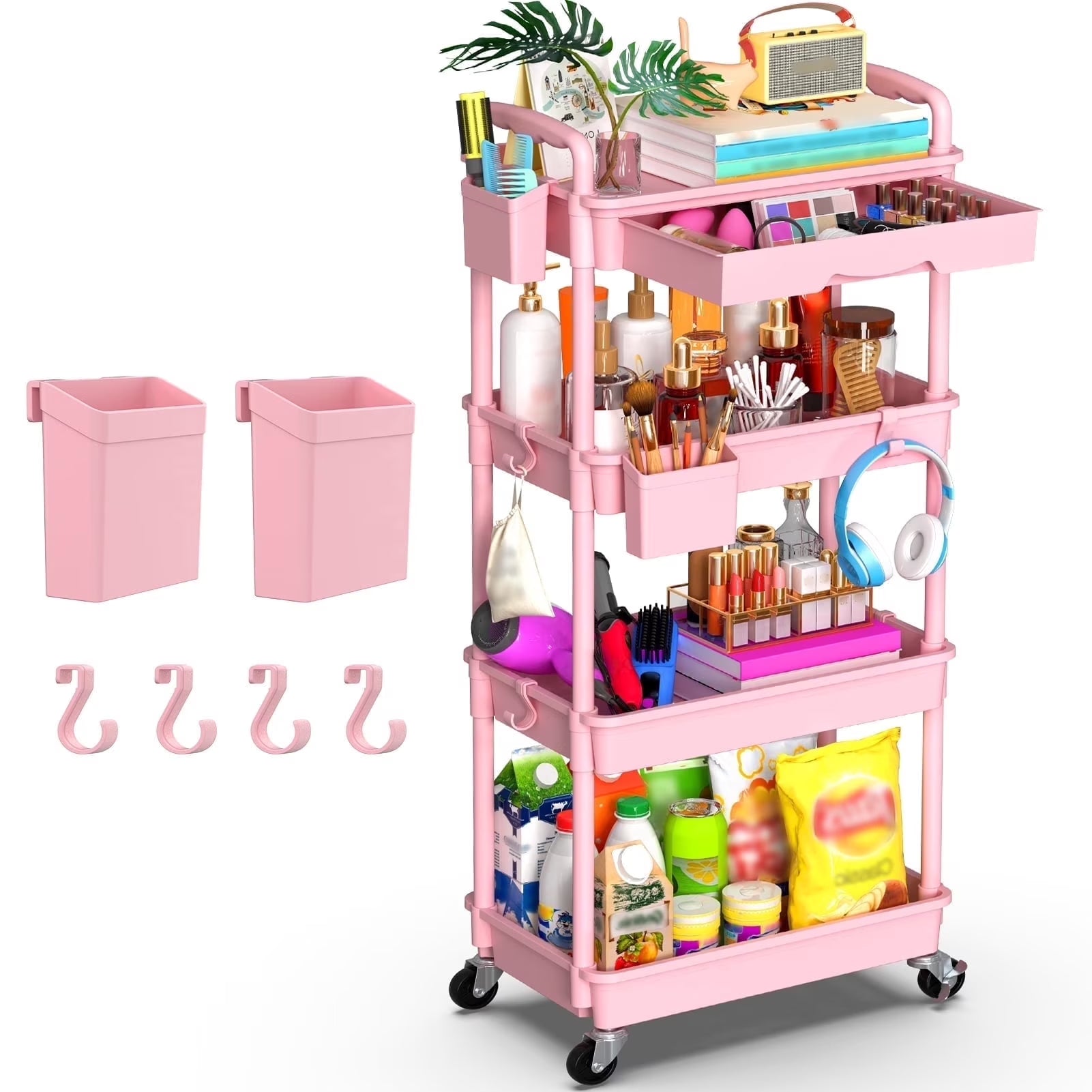 Yeabett 4 Tier Rolling Utility Cart Organizer with Removable Drawer, Mobile Storage Carts with 2 Lockable Wheels for Bathroom, Kitchen, Snack, Craft, Makeup, Baby Essentials, White