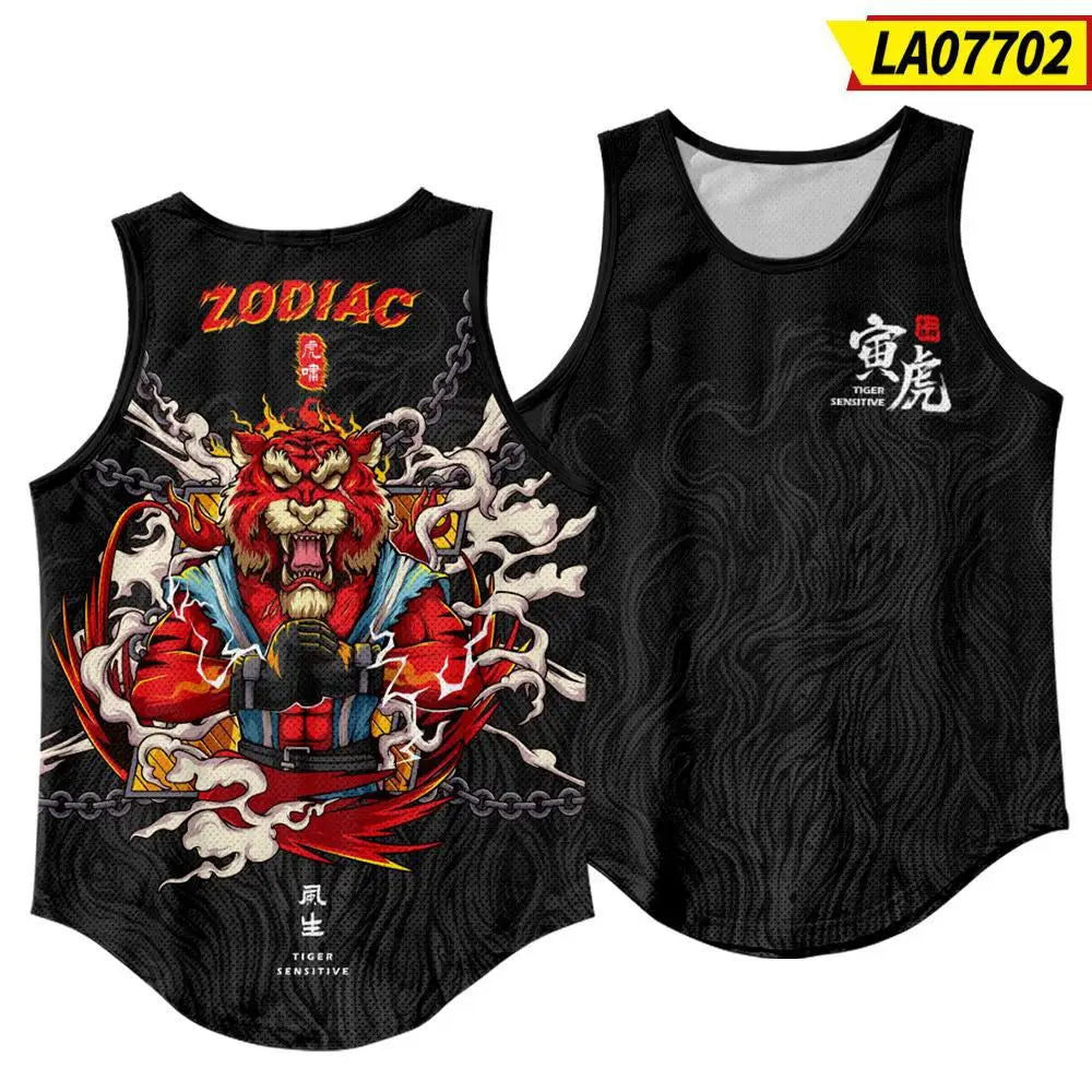 Men'S Fashion Sleeveless Black Tiger Print Tank Top Vest Fitness Bodybuilding Muscle Undershirt Gym Sportwear