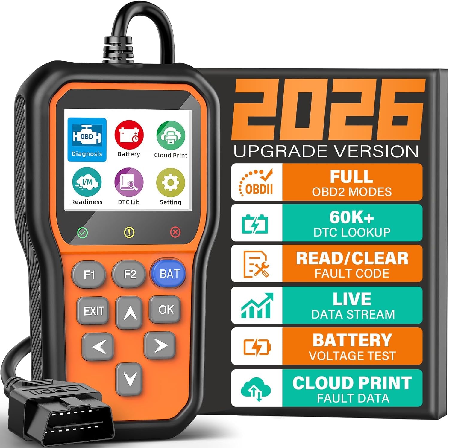 Bluson YM319 OBD2 Scanner Diagnostic Tool with Battery Tester, Check Engine Fault Code Reader with Live Data, Cloud Printing, DTC Lookup, Freeze Frame, Scan Tool for All OBDII Protocol Cars since 1996