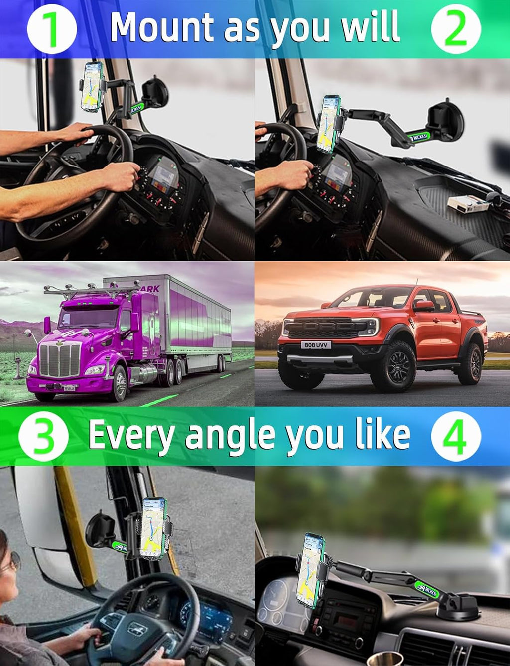 Truck Phone Holder Wireless Car Charger Mount, 15W Fast Charging Vacuum Phone Holder 14 Inch Long Arm Heavy Duty Pickup Windshield and Dashboard, Trucks Accessories for Iphone Samsung LG