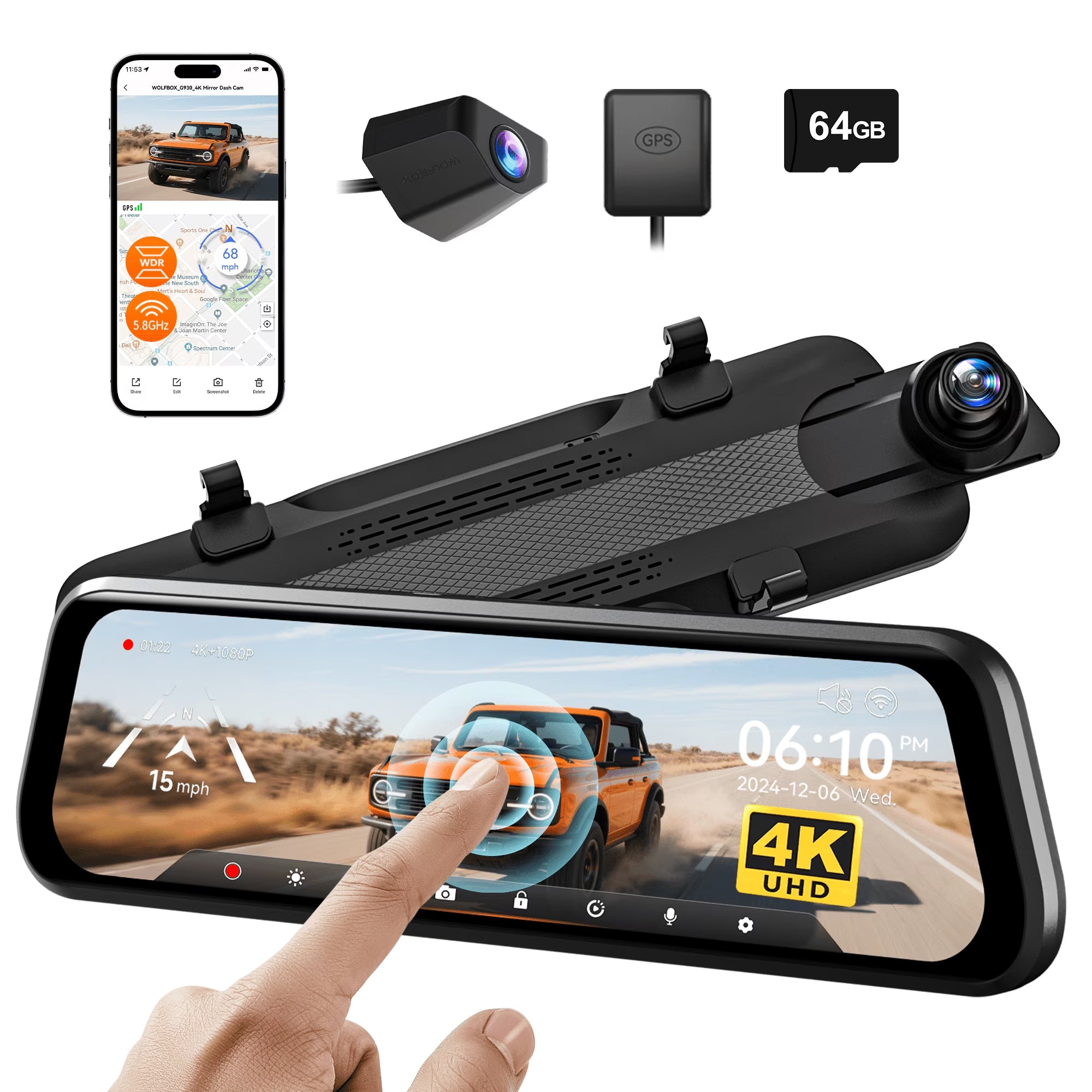 Wolfbox 4K Dual Dashcam with 10" Touch Screen, Front and Rear Recording, Night Vision, GPS, Free 64GB Card