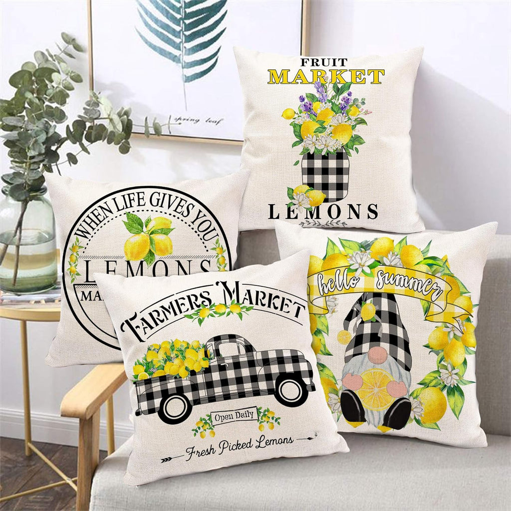 Set of 4 Hexagram Lemon Farmhouse Pillow Covers 16x16 - Summer Buffalo Plaid Decorative Cushions for Couch, Sofa, and Indoor Living Room Decor (No Insert)