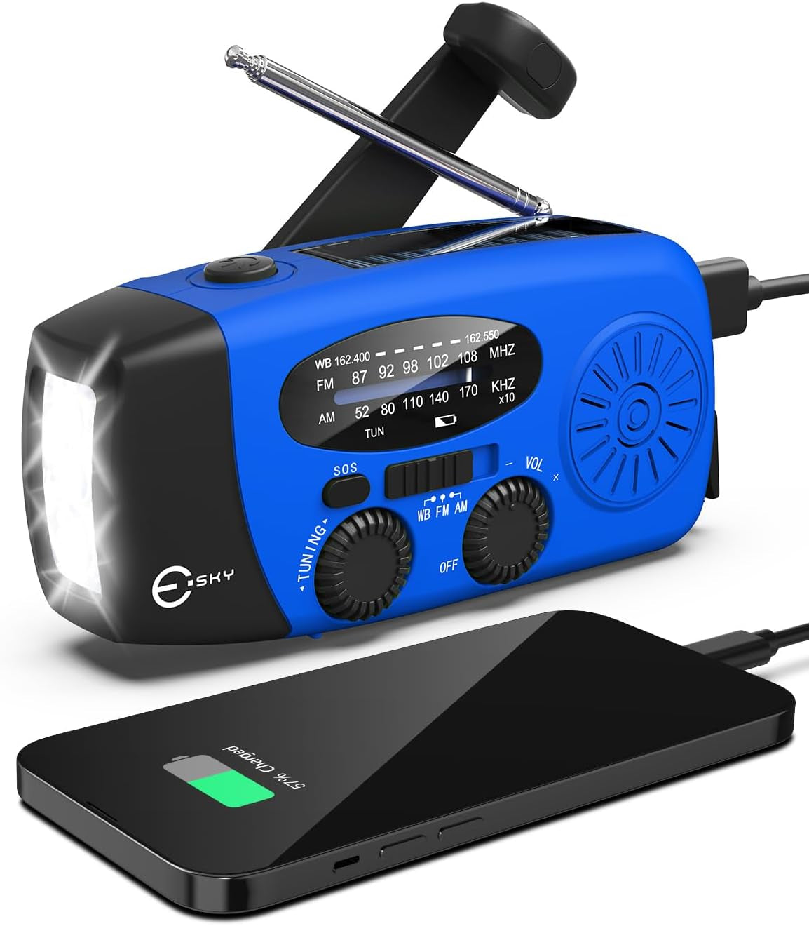 Esky Emergency Hand Crank Radio 7400Mwh with 3 LED Flashlight, AM/FM/NOAA Portable Weather Radio with Built-In 2000Mah Battery, Solar Powered Radio for Indoor Outdoor Survival Camping, SOS Alarm