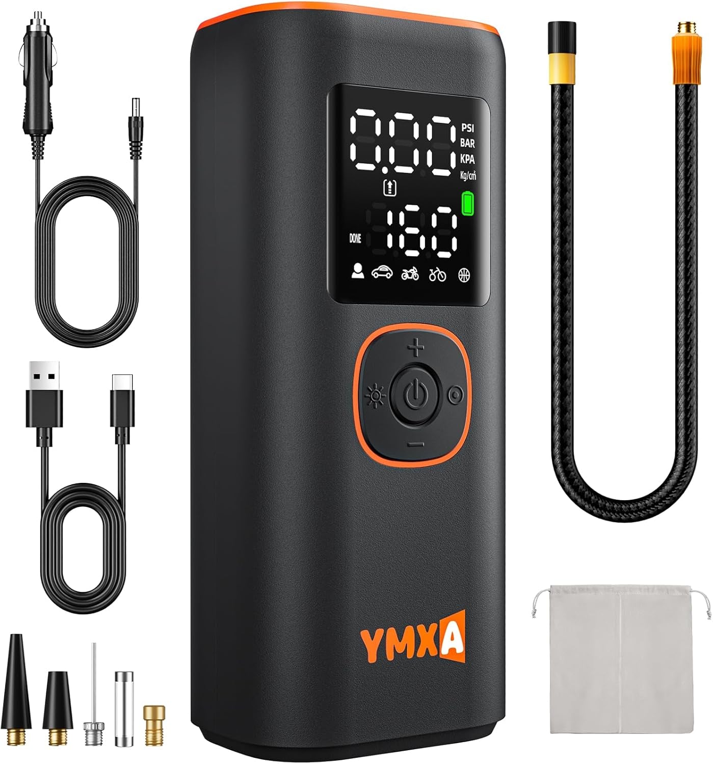 Portable Tire Inflator for Car - 5X Faster 160 PSI, DC 12V Air Pump for Car Tires, Portable Air Compressor with Large Dual Digital Screen, Tire Air Pump for with Light Truck, Motorcycle, Bike