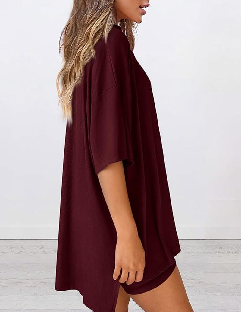 Women'S Two Piece Lounge Set Summer Casual Oversized Shirts Biker Shorts Matching Airport Travel Outfit