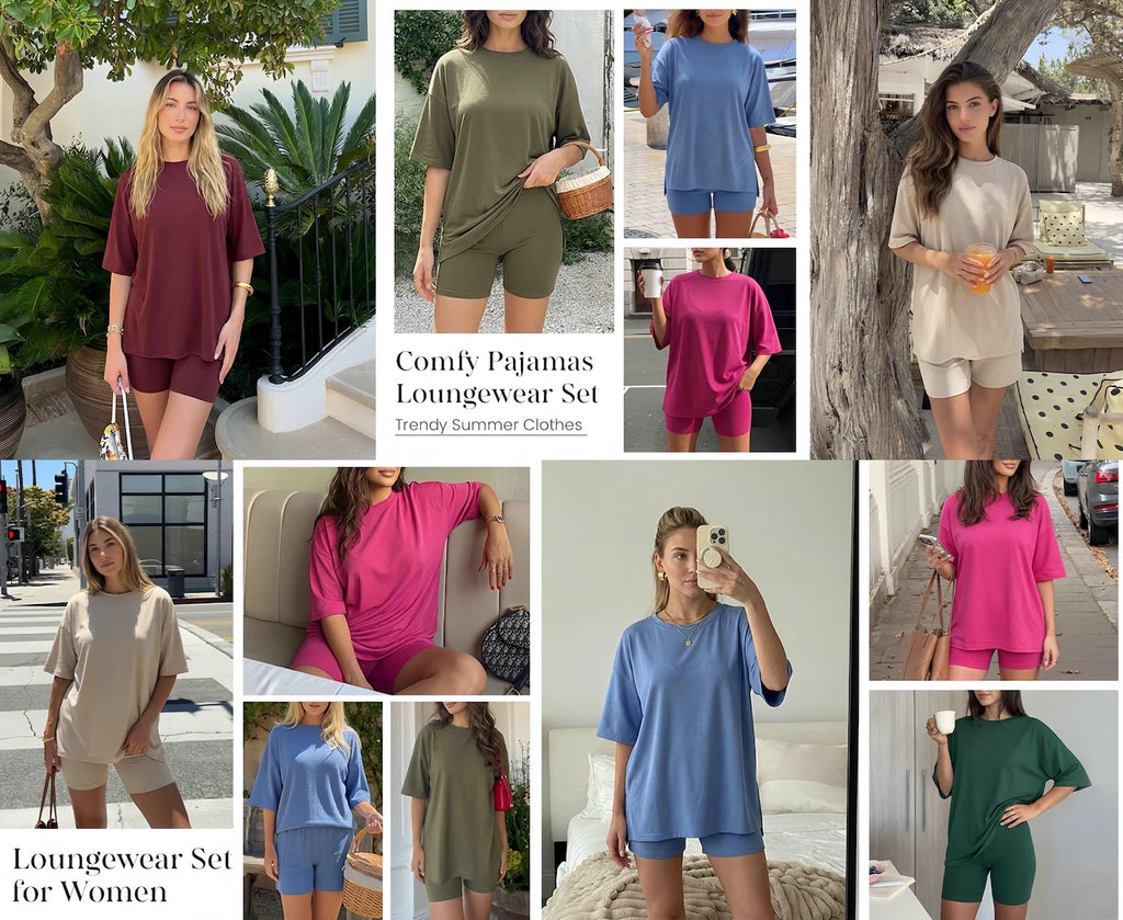Women'S Two Piece Lounge Set Summer Casual Oversized Shirts Biker Shorts Matching Airport Travel Outfit