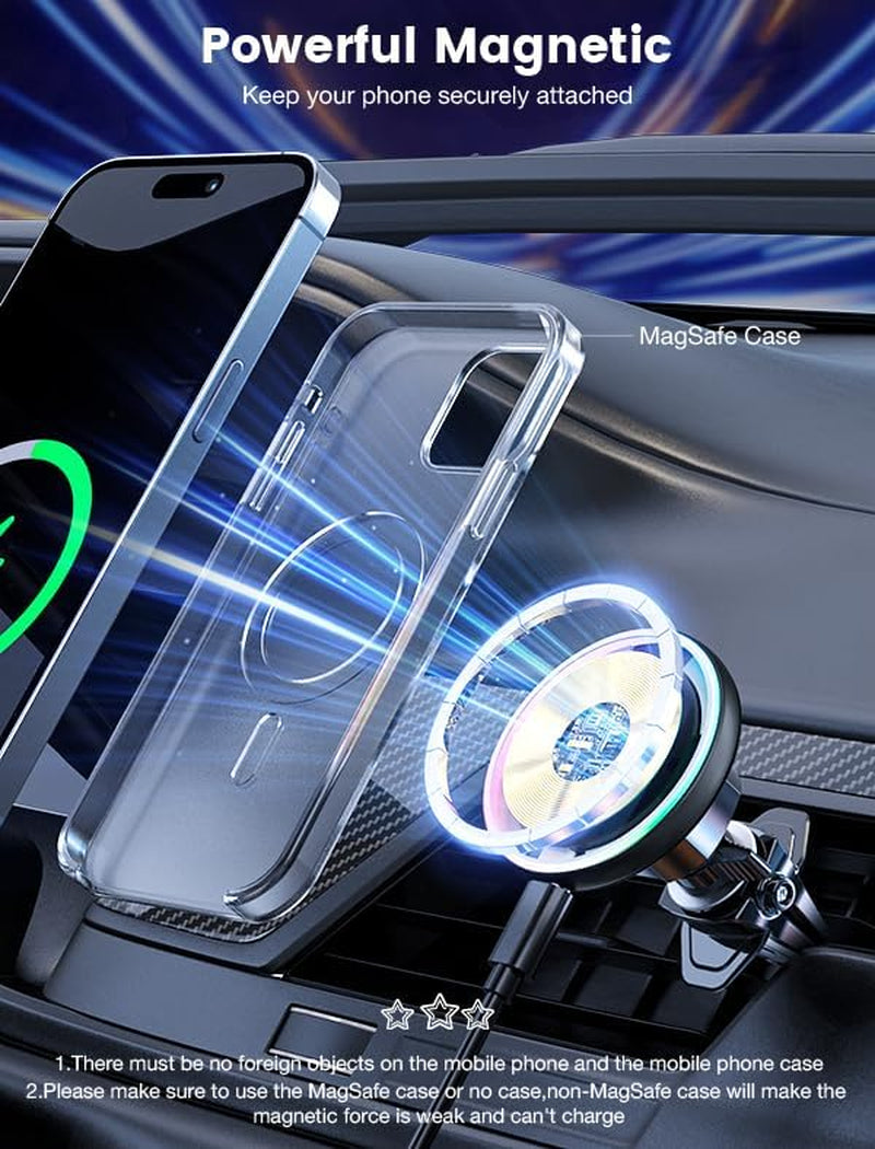 MOKPR for Magsafe Car Mount Charger-15W Wireless Car Charger-Magnetic Car Phone Holder for Dash Air Vent-Led RGB Handsfree Car Mount Fast Car Charger for Iphone 14/13/12 Series