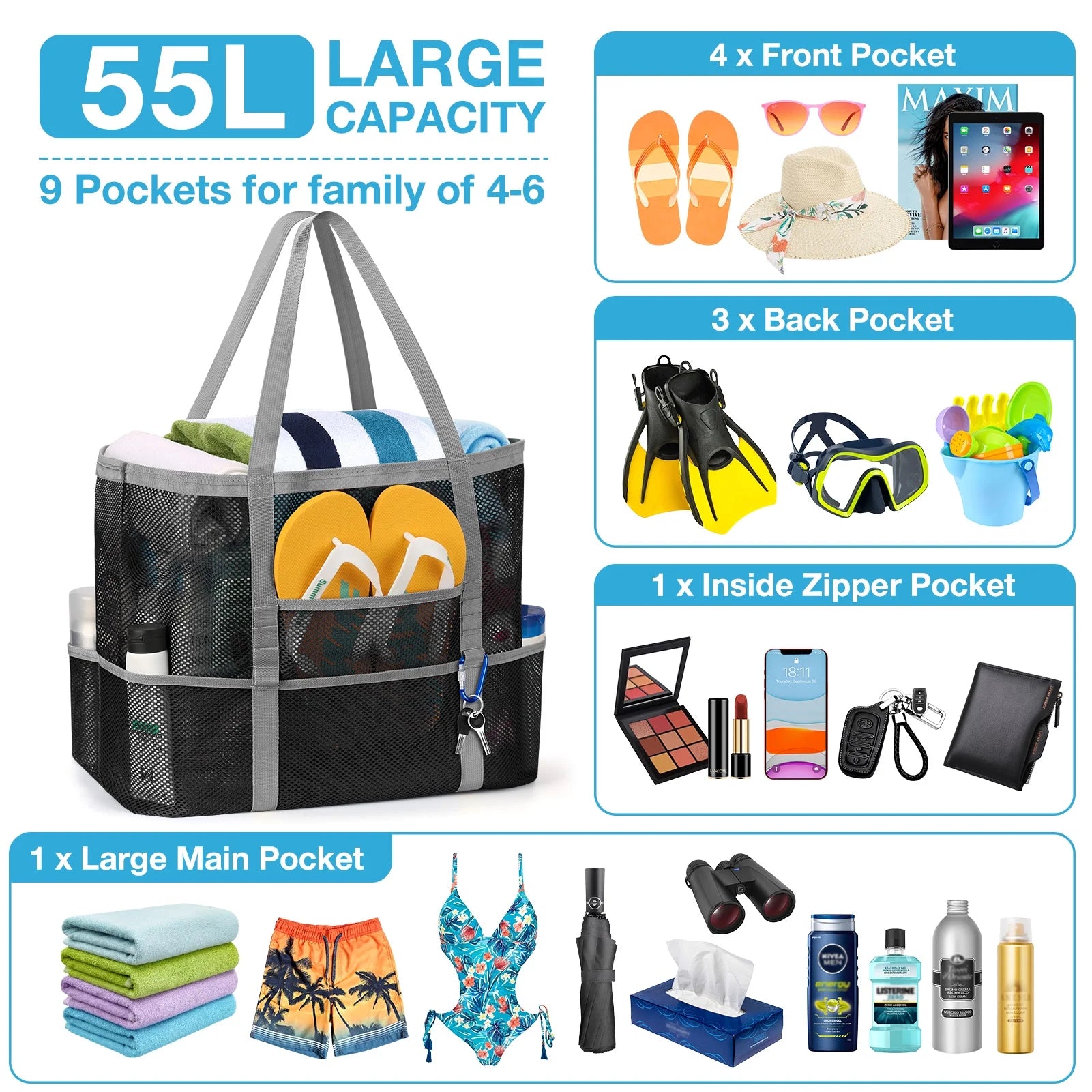 Livhil Mesh Beach Bag Rope Handles, Mesh Tote Bag for Women Contains Wicker Oversized Beach Tote Bag with 9 Small Pockets