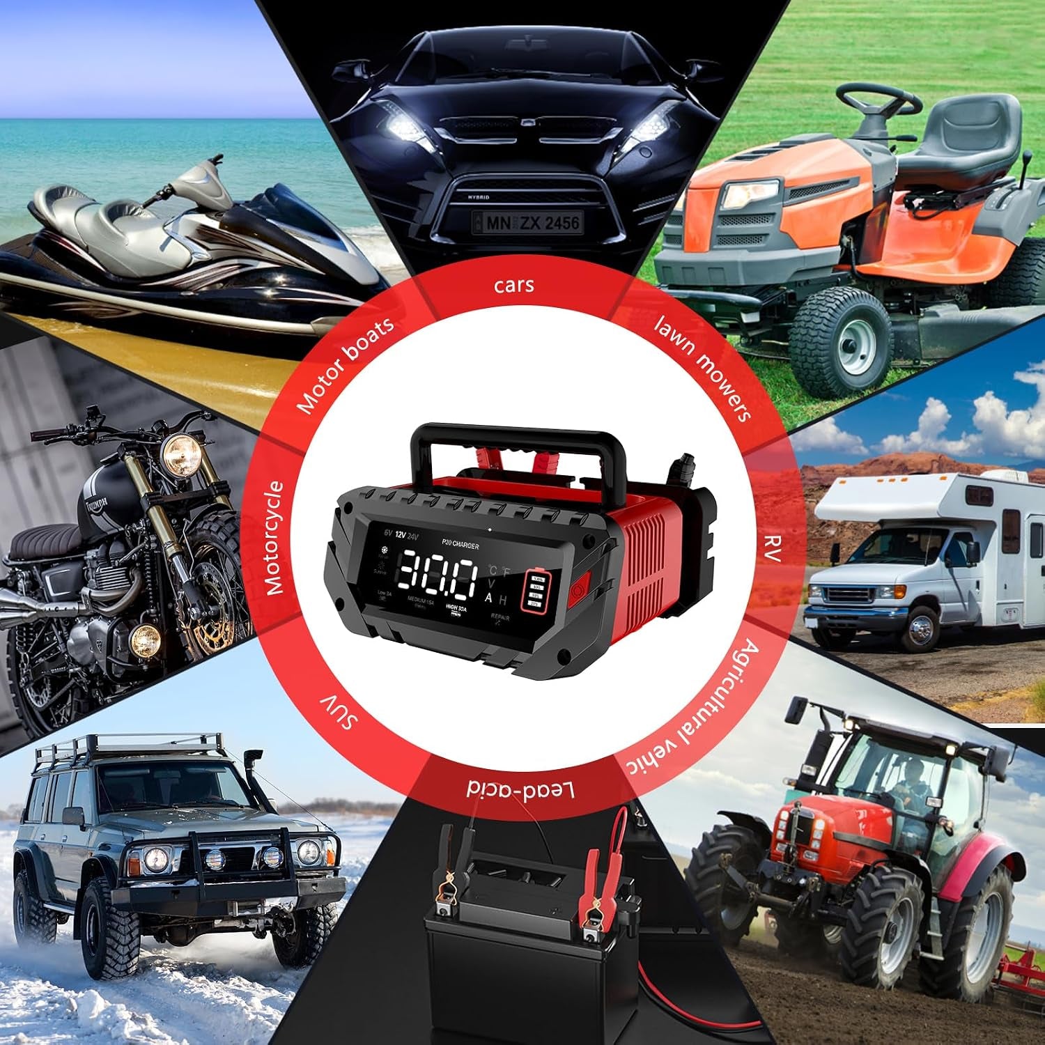 30 Amp Lithium Battery Charger,6V10A/12V30A/24V16A Lifepo4,Lead-Acid(Agm/Gel/Sla..) Smart Car Battery Charger,Battery Maintainer,Trickle Charger, and Battery Desulfator for Car,Boat,Motorcycle