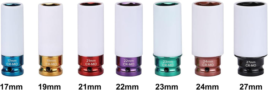 EMENTOL 7PCS 1/2" Drive Thin Wall Deep Wheel Protector Impact Socket Set, CR-MO, Lug Nut Impact Socket Set-17Mm, 19Mm, 21Mm, 22Mm, 23Mm, 24Mm, 27Mm