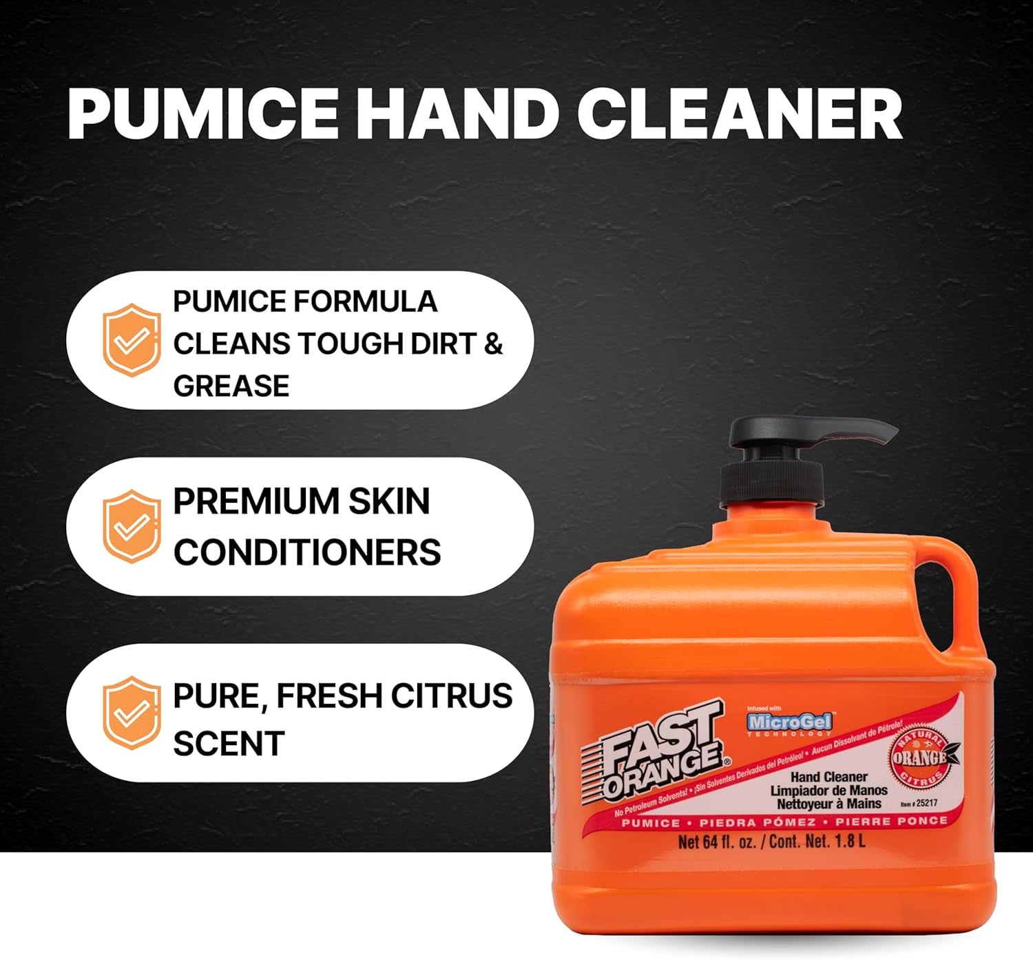 Fast Orange Heavy Duty Hand Cleaner - Pumice Lotion with Natural Citrus Scent, 64 Fl Oz Waterless Grease Fighter for Mechanics