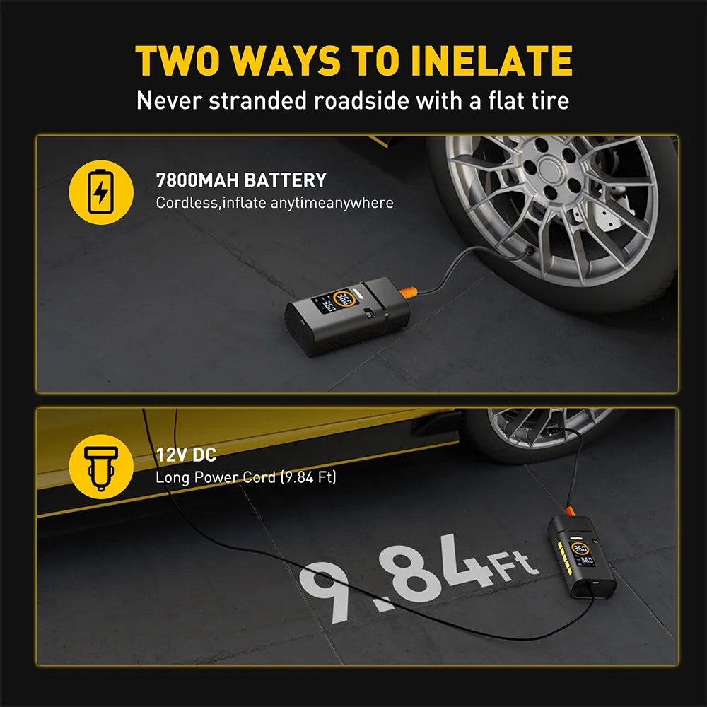Tire Inflator Portable Air Compressor, 150 PSI Cordless Air Pump with 7800Mah Rechargeable Battery for Car, Truck, Motorcycle Tires & Ball, Compact Bike Pump
