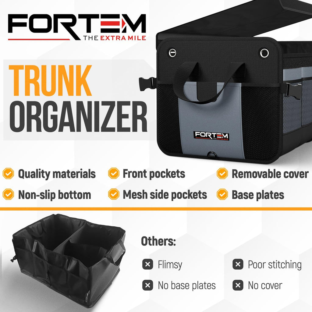 Ultimate FORTEM SUV Trunk Organizer - Collapsible Multi-Compartment Storage Bag with Non-Slip Bottom & Adjustable Straps - Perfect Car Accessory for Men & Women (65L)