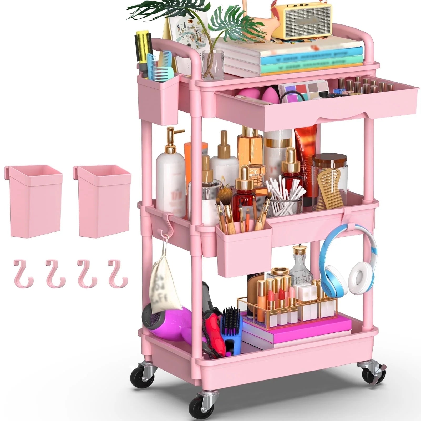 Yeabett 4 Tier Rolling Utility Cart Organizer with Removable Drawer, Mobile Storage Carts with 2 Lockable Wheels for Bathroom, Kitchen, Snack, Craft, Makeup, Baby Essentials，Purple