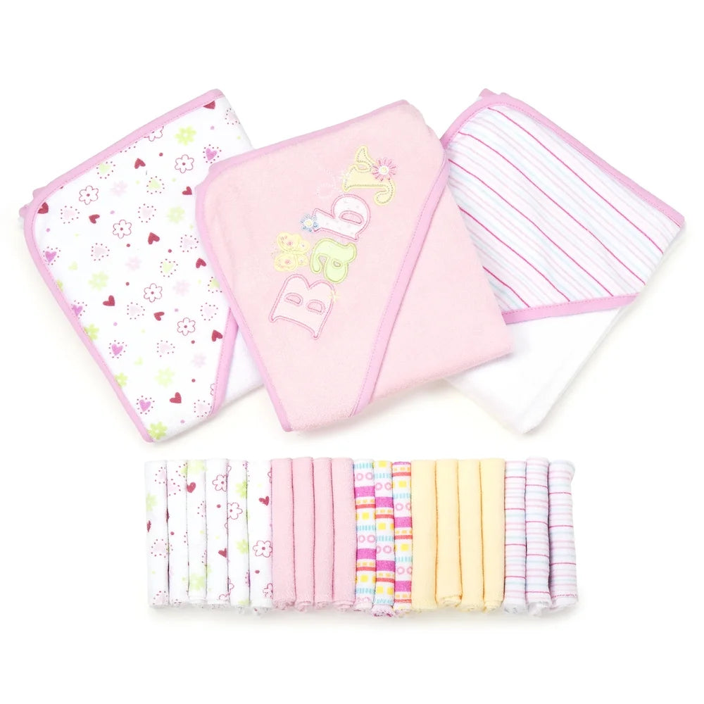 Spasilk Bath Hooded Towels & Washcloths Set for Babies, 23-Piece Gift Set, White Butterfly