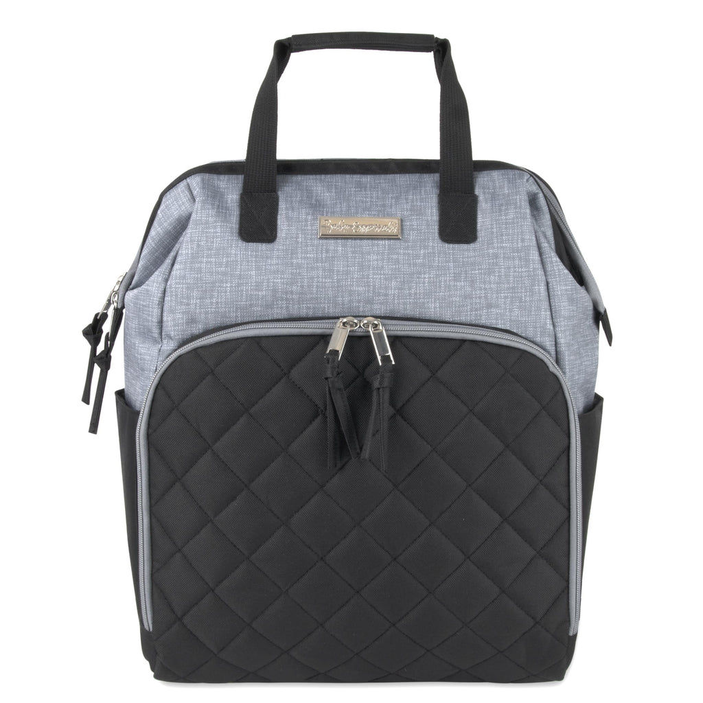 Baby Essentials Super Cooler Main Frame Dual Zipper Closure Diaper Bag Backpack Tote with Matching 6-Ply Changing Pad, Insulated Bottle Pockets and Stroller Straps in Black & Gray
