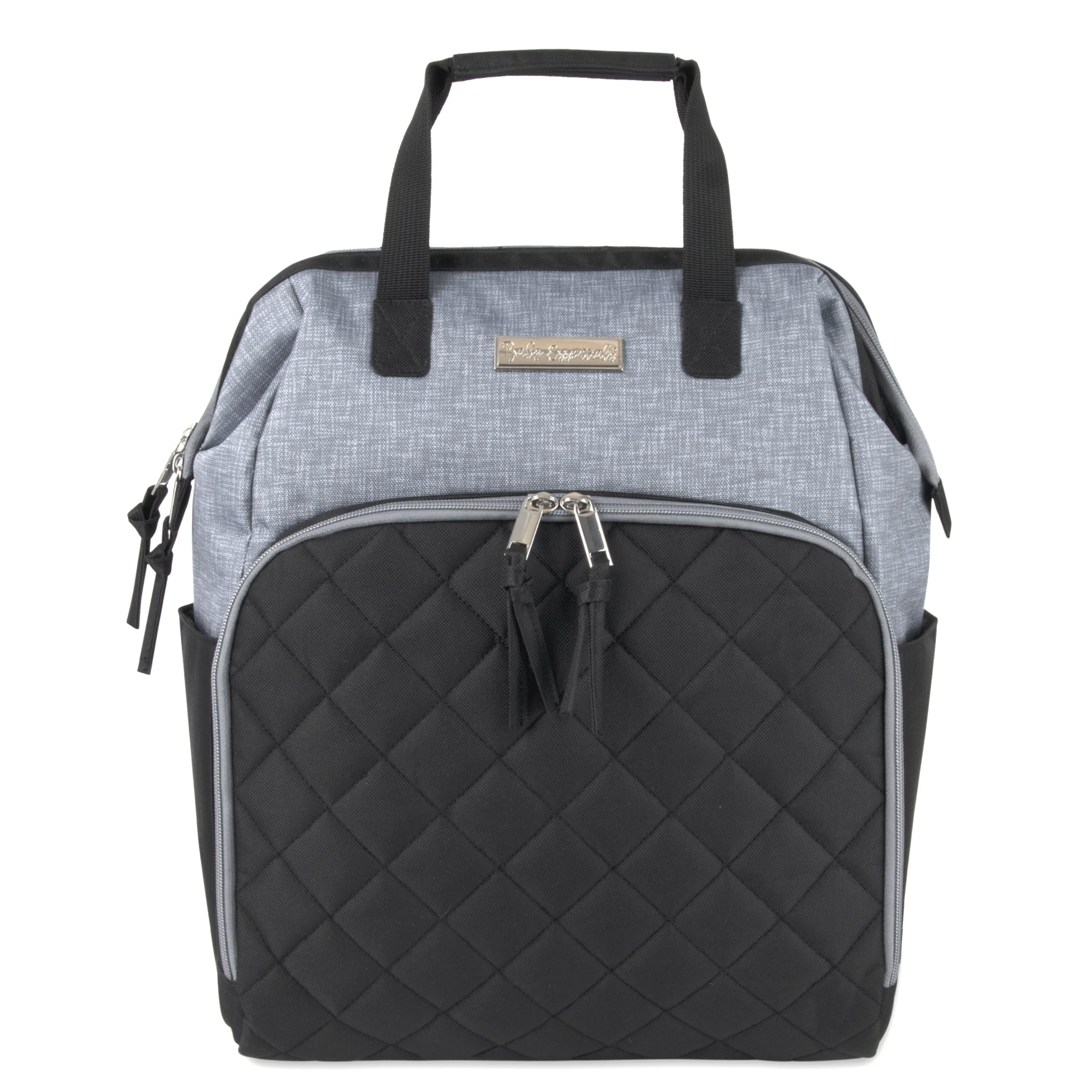 Baby Essentials Super Cooler Main Frame Dual Zipper Closure Diaper Bag Backpack Tote with Matching 6-Ply Changing Pad, Insulated Bottle Pockets and Stroller Straps in Black & Gray