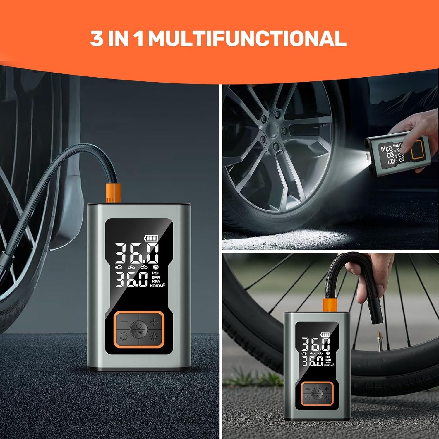 Cordless Tire Inflator Portable Air Compressor, 150 PSI Mini Bike Pump with Digital Dual Values Display, Electric Car Pump with Pressure Gauge LED Light, Air Pump for Auto, Motorcycle, Bicycle, Balls