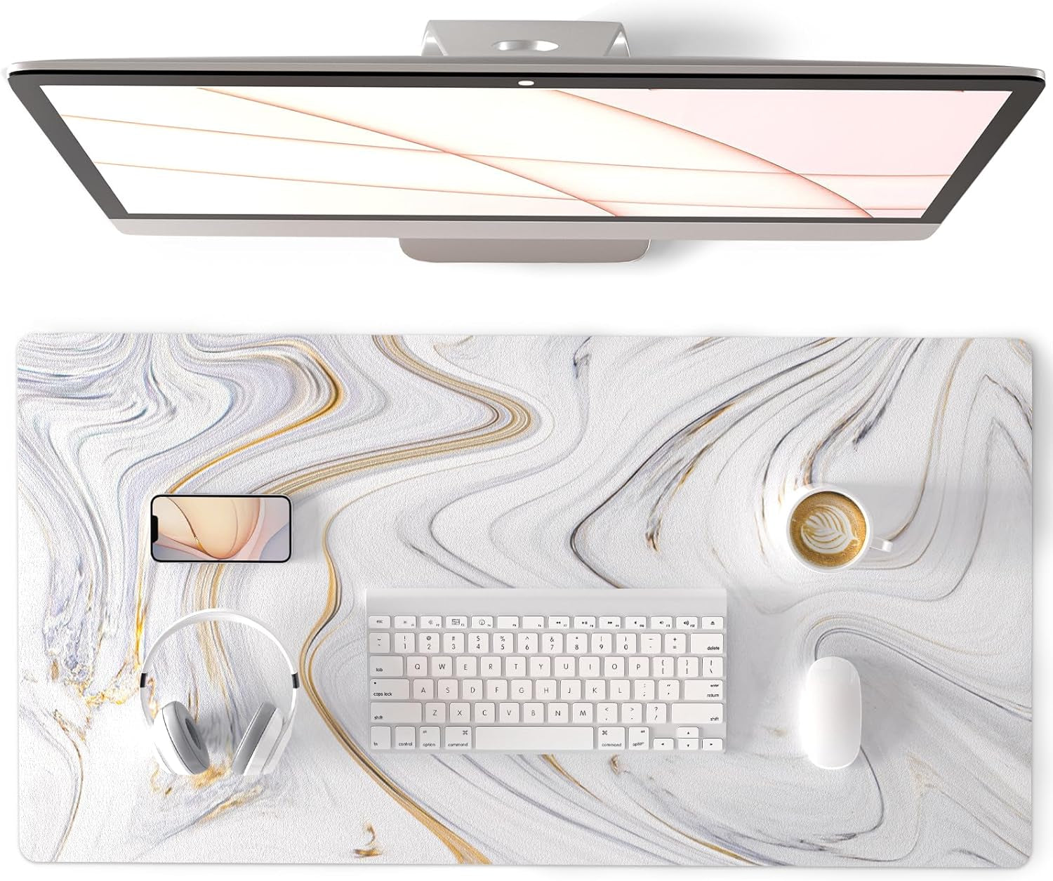 QIYI White Mouse Pad, Cute Marble Large Desk Mat, PU Leather Desk Protector Mousepad, Gold Grey Striped Waterproof Computer Keyboard Gaming Mouse Pads, Non Slip Extended Writing Pad 31.5" X 15.7"