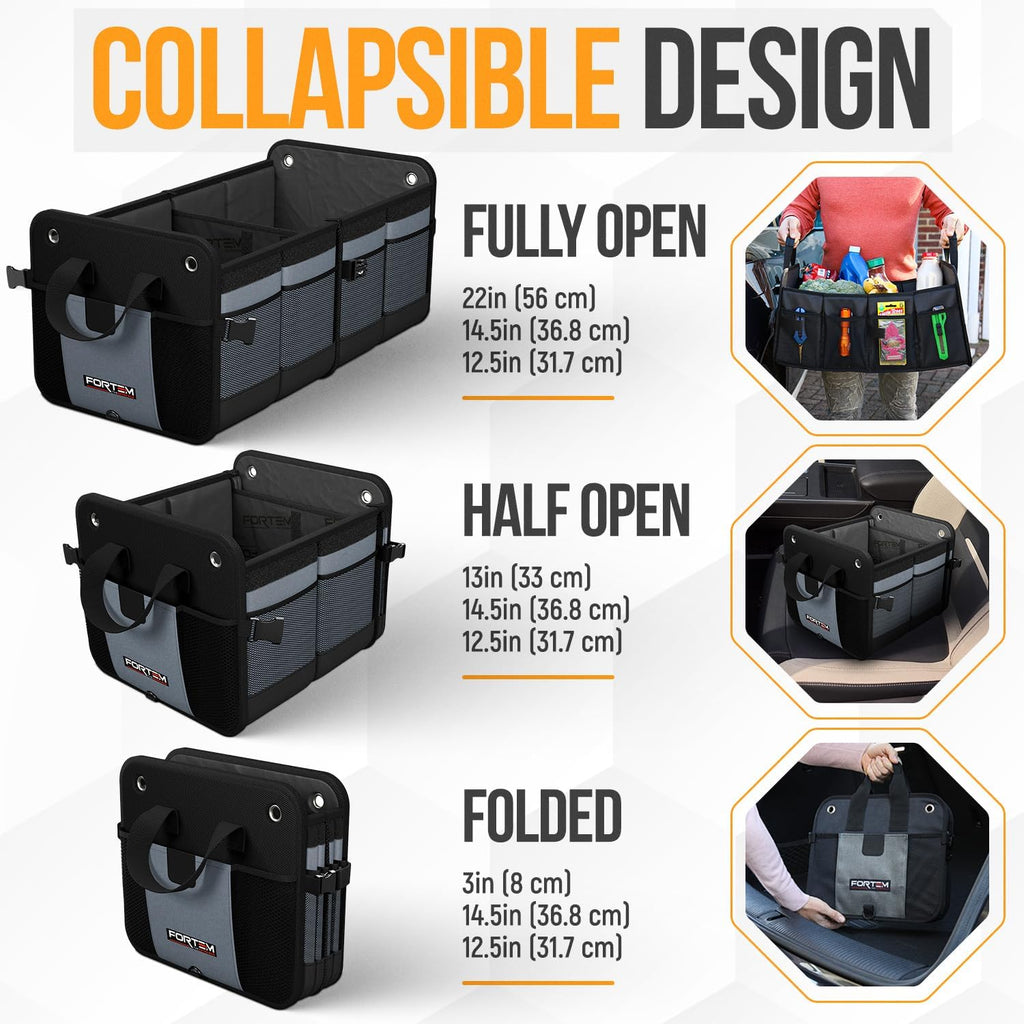 Ultimate FORTEM SUV Trunk Organizer - Collapsible Multi-Compartment Storage Bag with Non-Slip Bottom & Adjustable Straps - Perfect Car Accessory for Men & Women (65L)