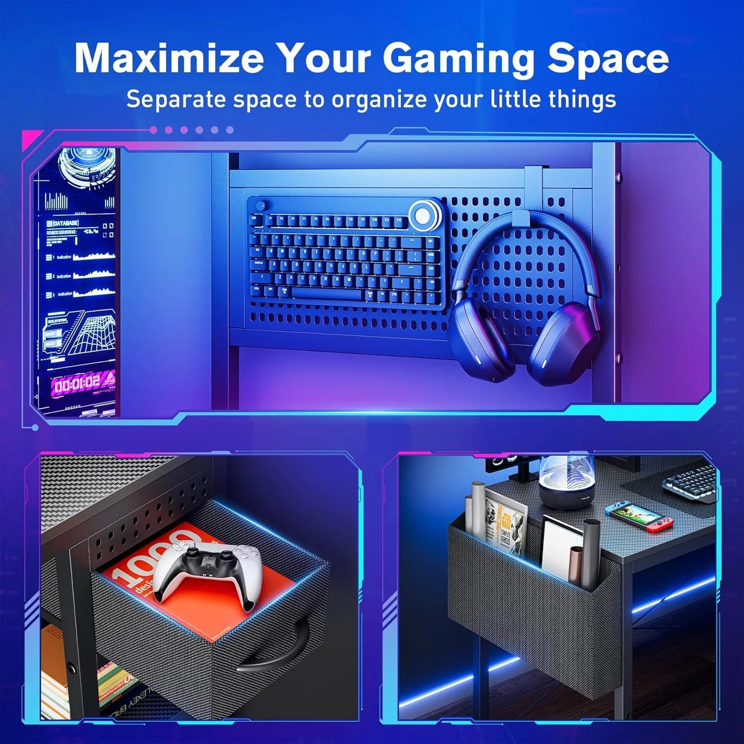 55" Gaming Desk with Adjustable Storage Rack & LED Lights, Power Outlets for Adult and Teen