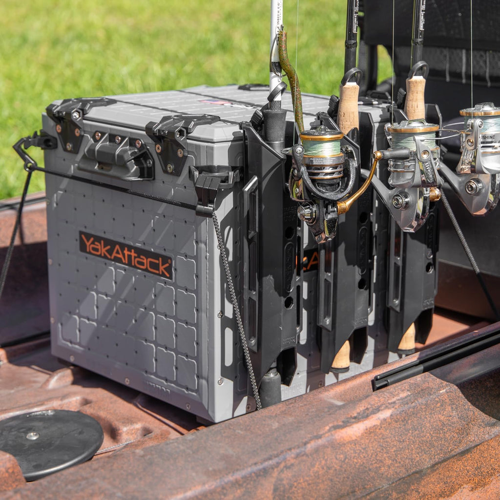 Yakattack Blackpak Pro Fishing Crate - 13" x 13" with 3 Rod Holders, Battleship Grey | Ultimate Kayak Gear Organizer & Tackle Storage Solution, Lightweight & Durable