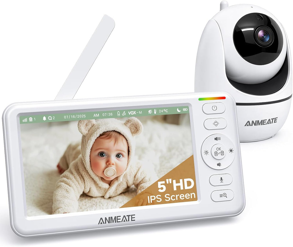 ANMEATE 5" HD Video Baby Monitor with Camera and Audio - No Wifi, 48H Battery Life,720P Remote Pan Tilt Zoom, Two-Way Talk, Night Vision, Thermal Room Monitor, Lullabies & White Noise, 1000Ft Range