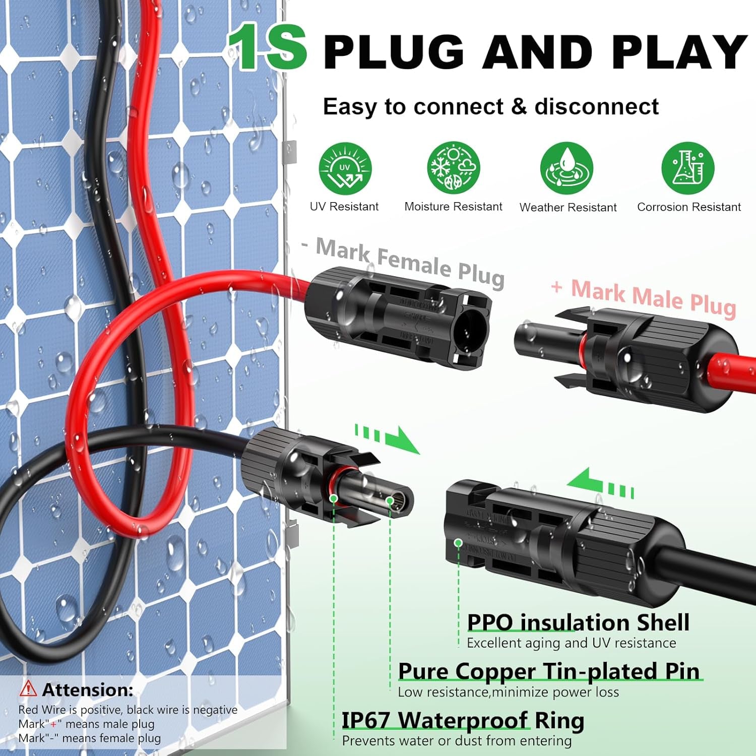 Oududianzi Solar Extension Cable 50Ft, Solar Wire 10AWG, 10 Gauge Tinned Copper PV Wire, Solar Panel Wires and Connectors for Home Roofs RV Boat Camping Solar Panels