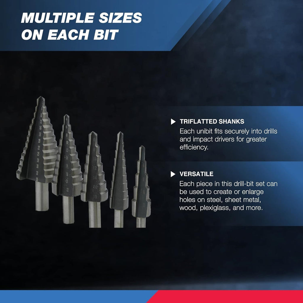 NEIKO 10198A Step Drill Bit Set | 5 Piece, 4Mm- 35Mm | Metric Titanium High Speed Steel Unibit, Stepper Cone Drill Bit | Two Flute Step down Bits, 135 Degree Point